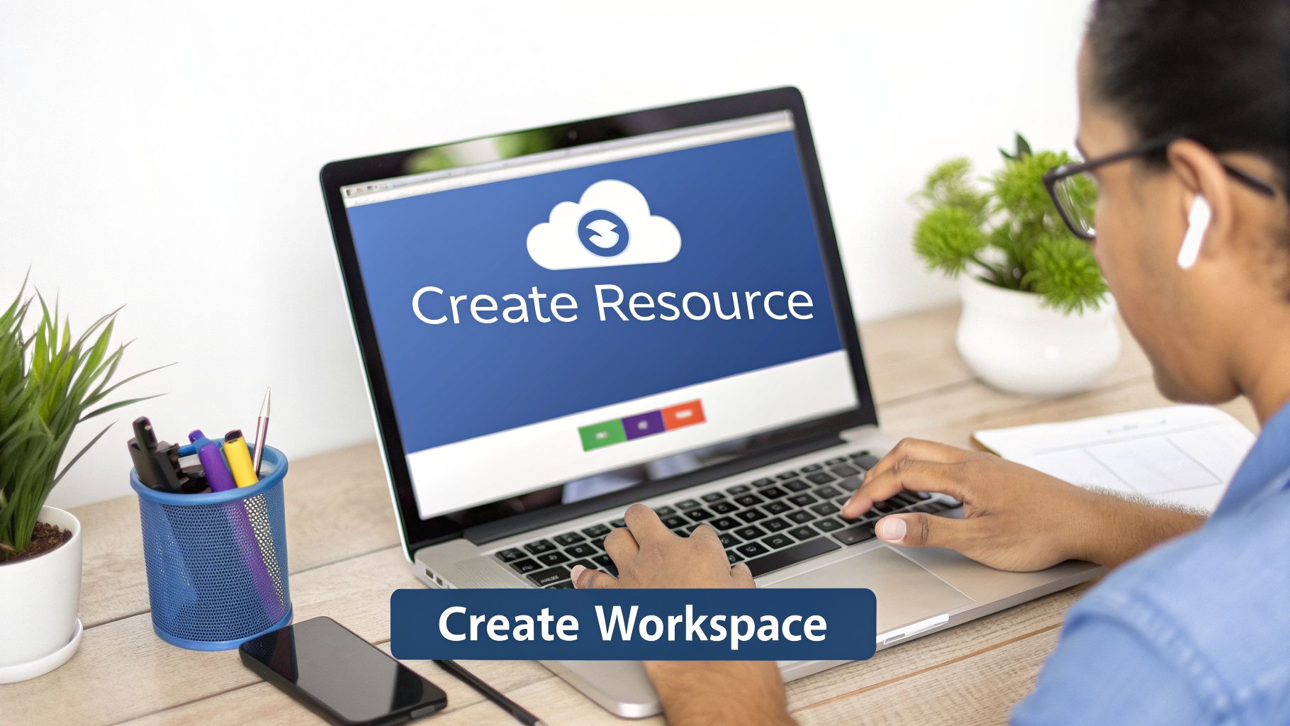 Person typing on a laptop, creating a cloud resource and workspace on the screen.