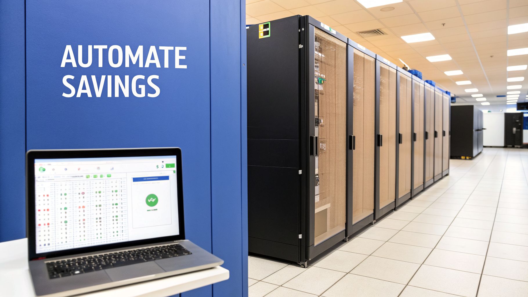 A laptop with analytics software in a modern data center with server racks and "AUTOMATE SAVINGS" on a blue panel.