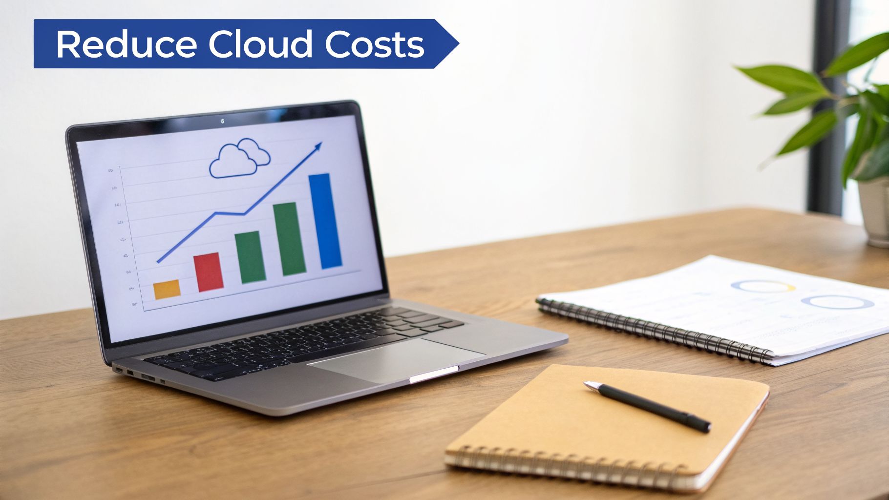 A laptop displays a rising graph representing cloud costs, with a banner reading 'Reduce Cloud Costs'.
