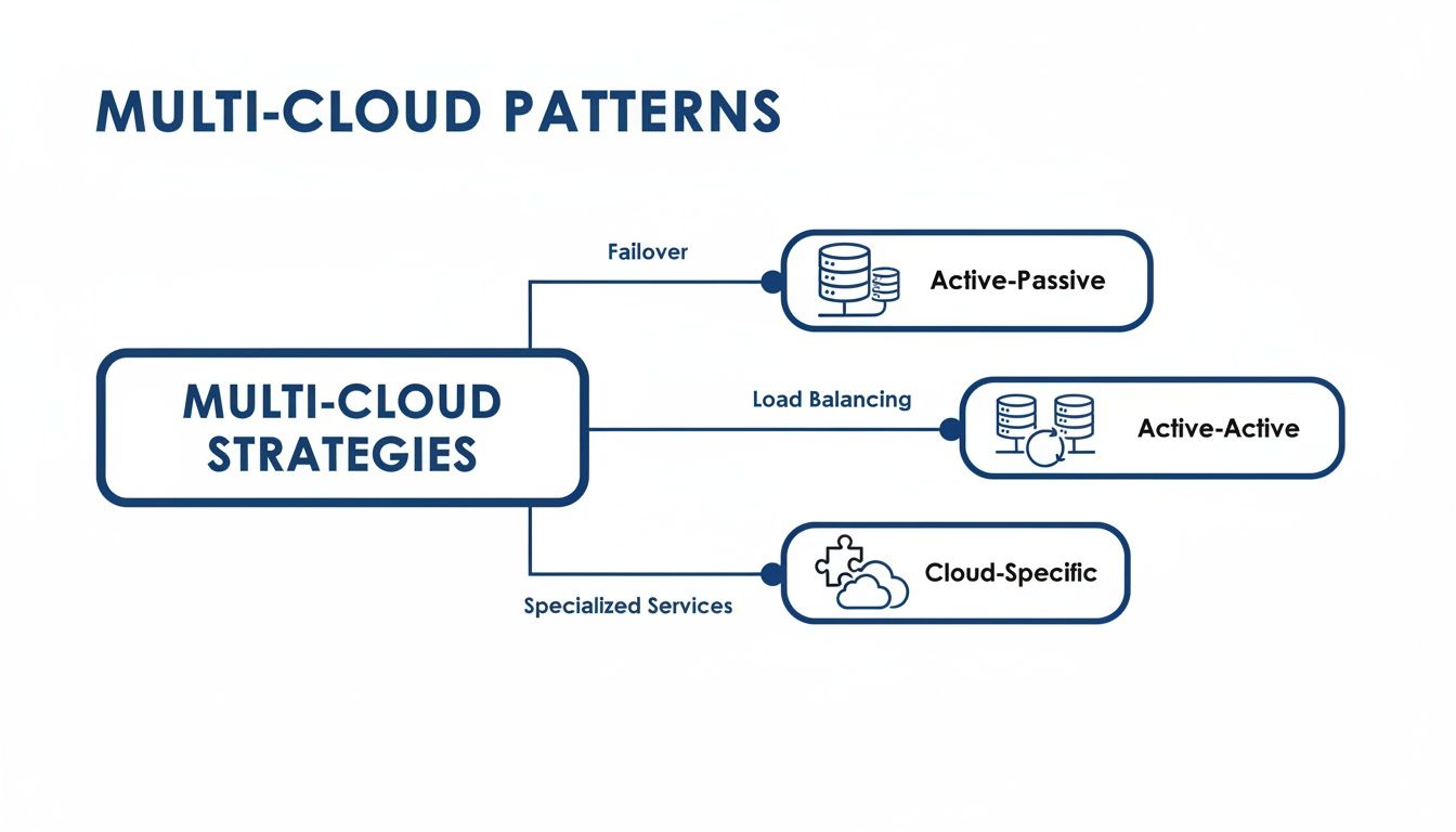 Diagram showing multi-cloud patterns and strategies, including Active-Passive, Active-Active, and Cloud-Specific approaches.