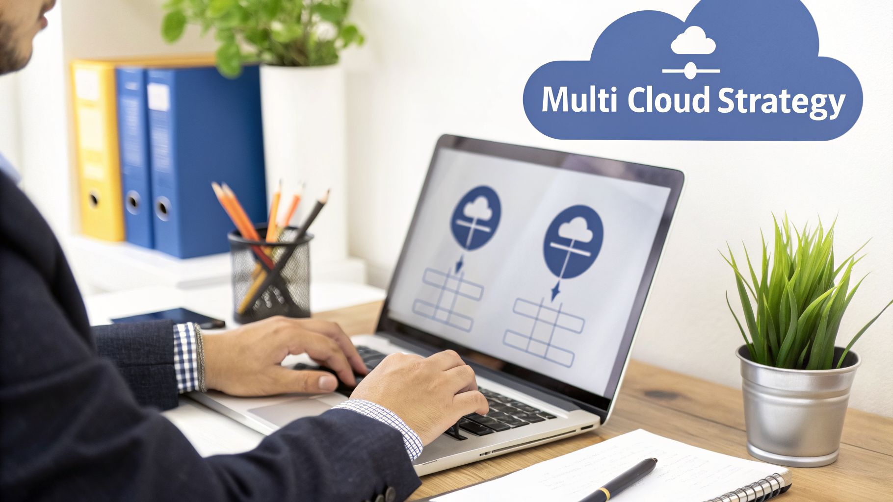 A person works on a laptop displaying multi-cloud architecture diagrams, with 'Multi Cloud Strategy' text.