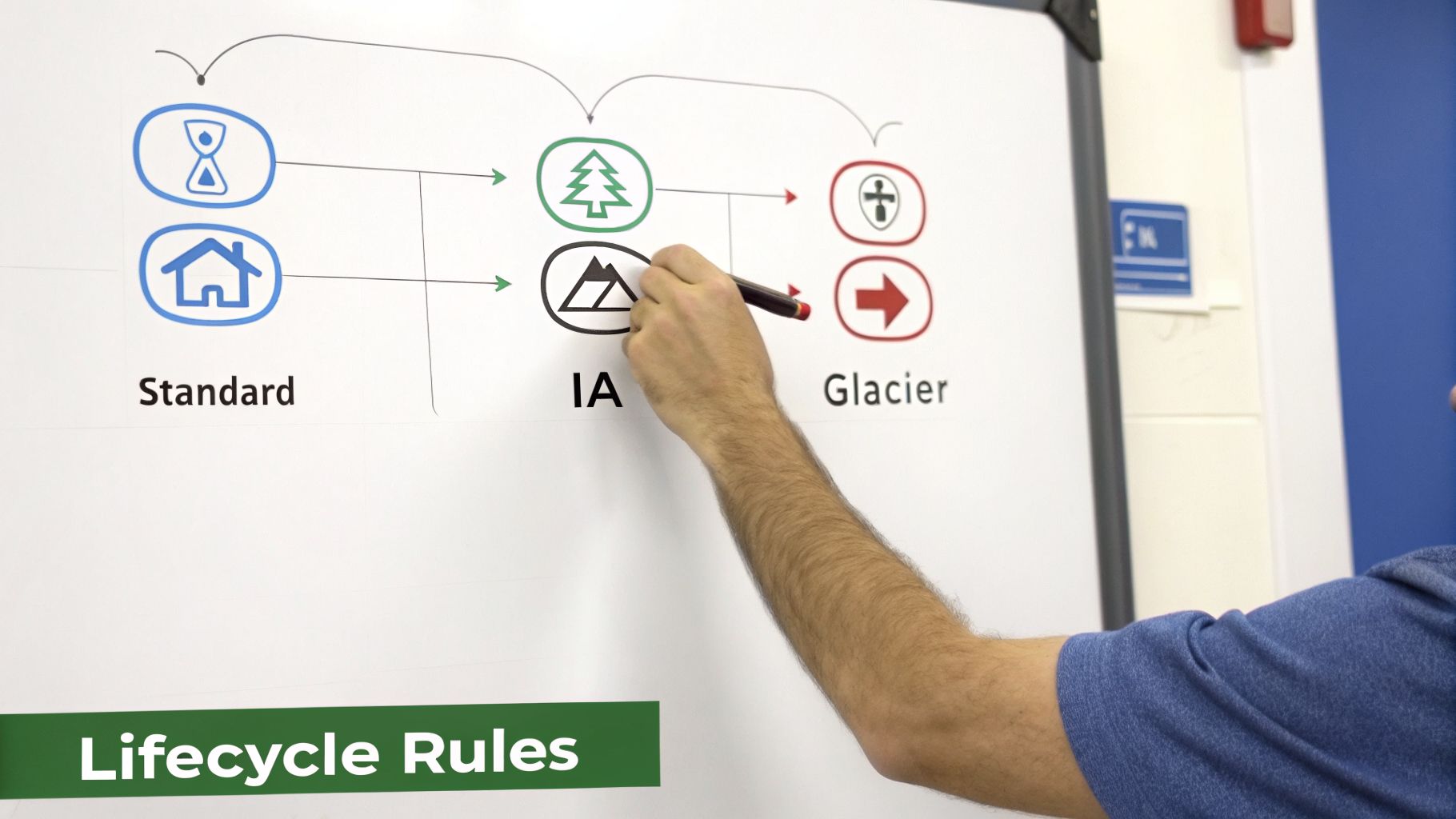 A hand points to an S3 storage lifecycle diagram on a whiteboard with Standard, IA, and Glacier classes.