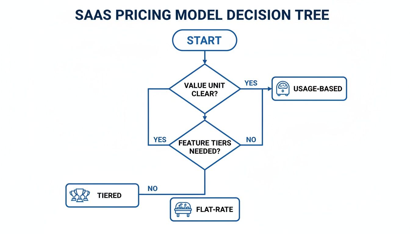 Flowchart illustrating a SaaS pricing model decision tree, guiding to usage-based, tiered, or flat-rate options.