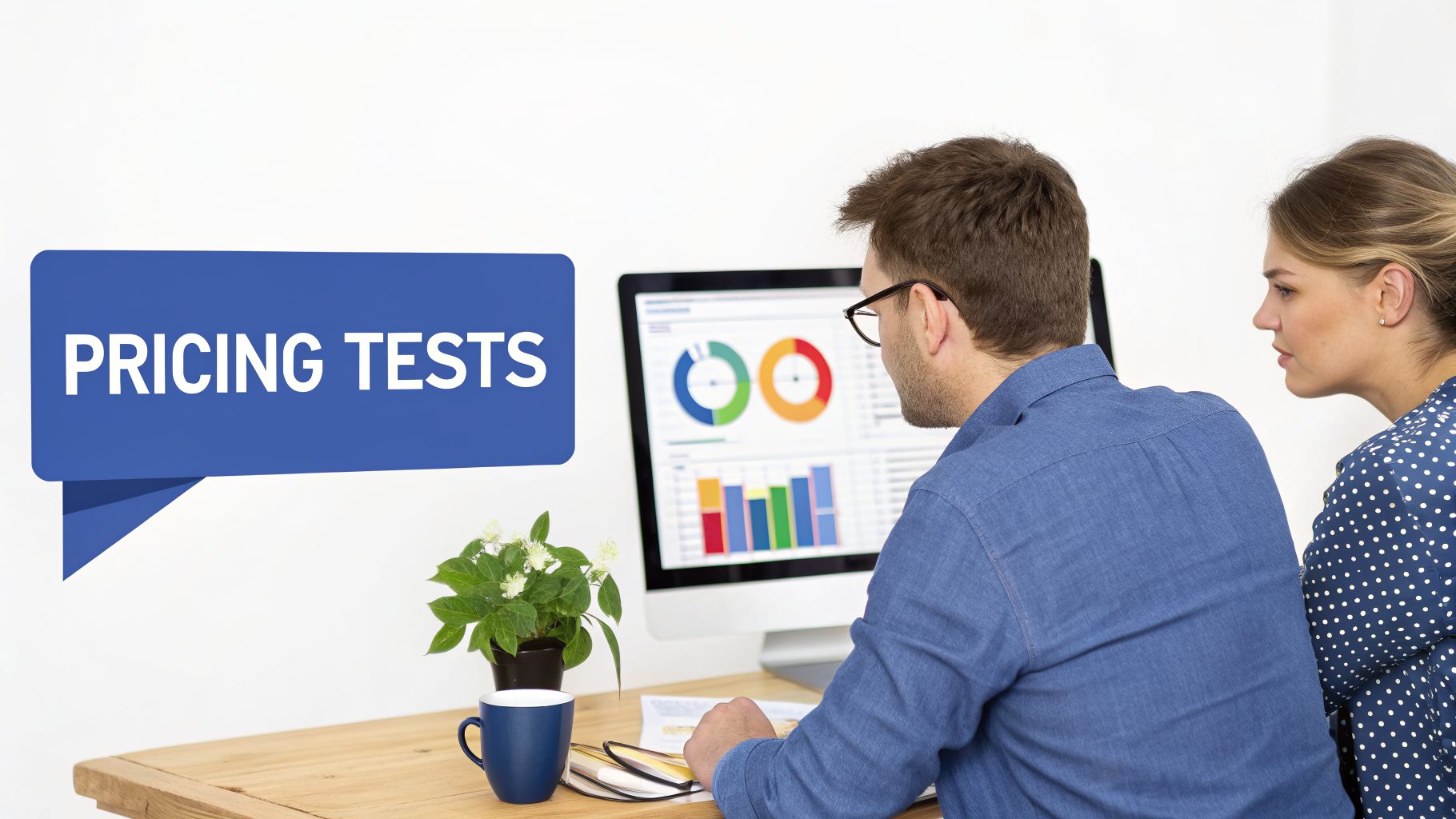 Two business professionals analyze pricing test data on a computer screen displaying various charts and graphs.