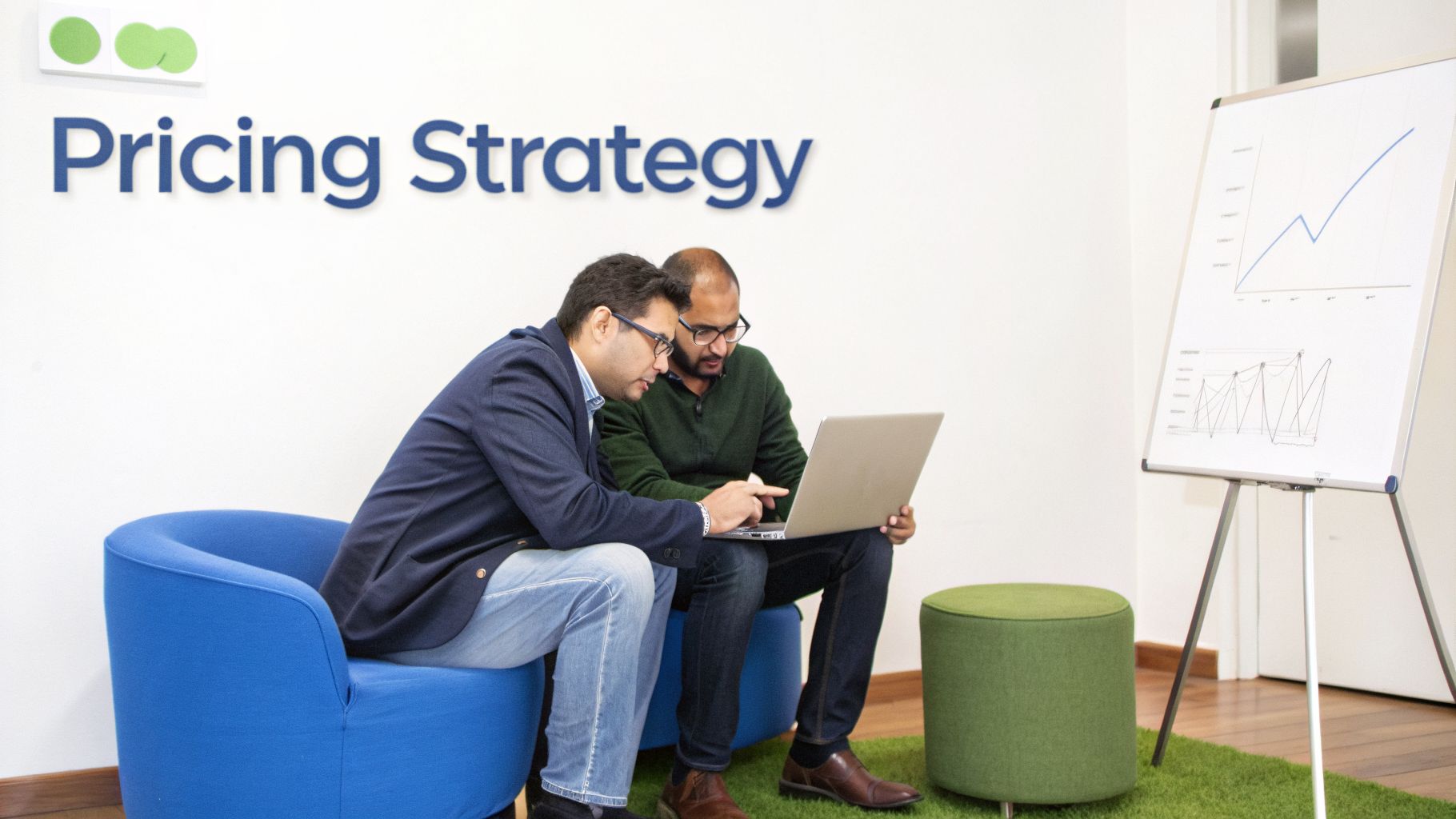 Two professionals analyze pricing strategy on a laptop in a modern office with charts.