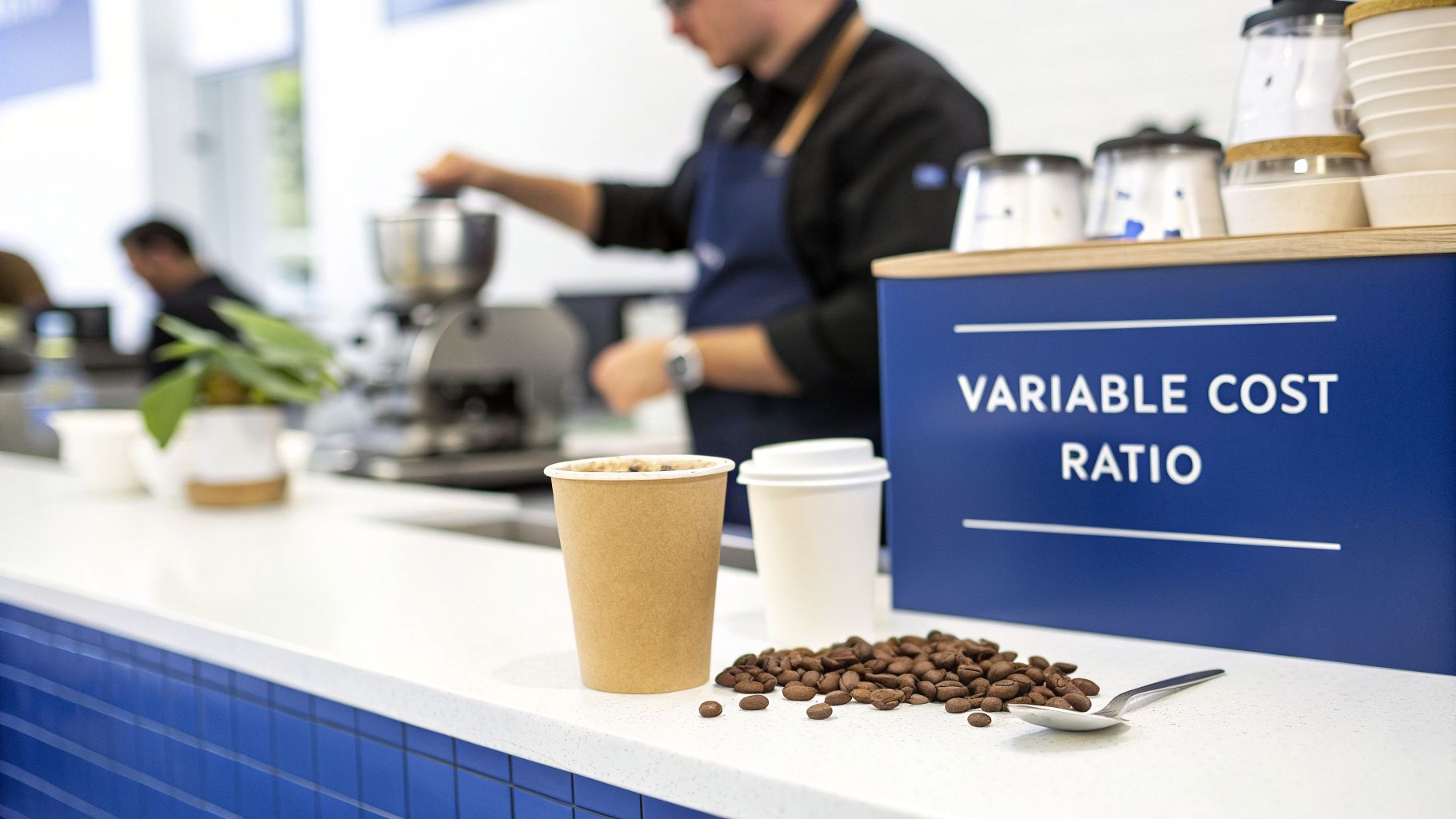 A coffee shop scene featuring coffee beans, cups, a barista, and a "Variable Cost Ratio" display.