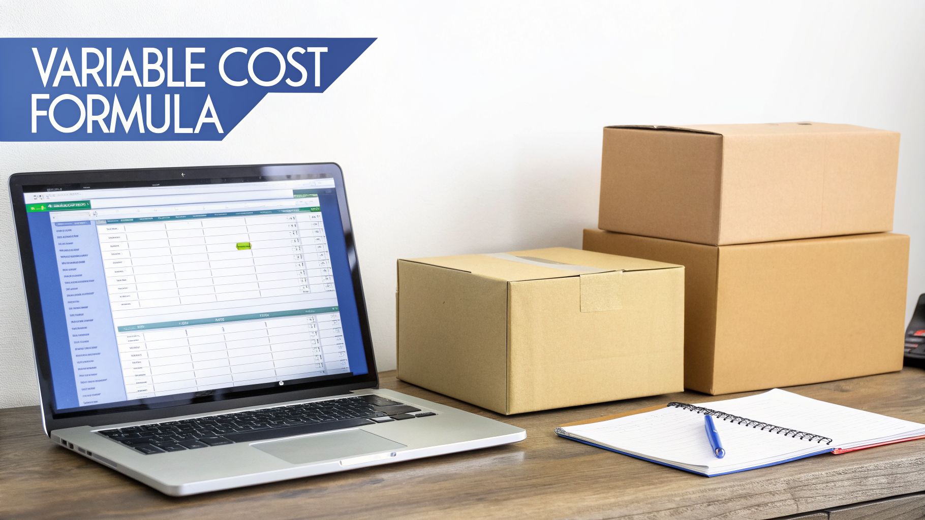 Laptop displaying a cost spreadsheet, with shipping boxes and a notebook on a desk, highlighting variable cost formula.
