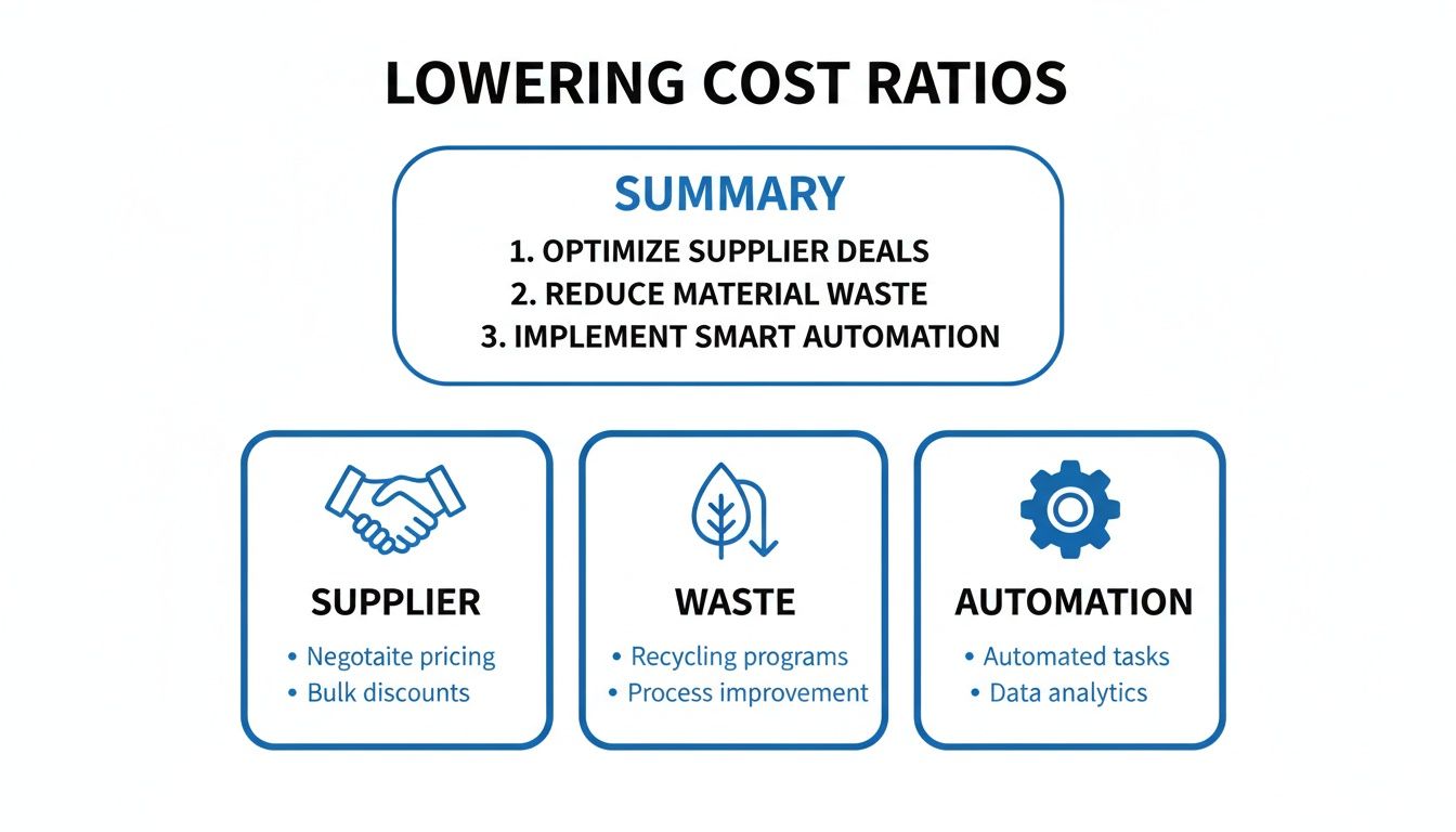 Infographic details strategies for lowering cost ratios through supplier deals, waste reduction, and automation.