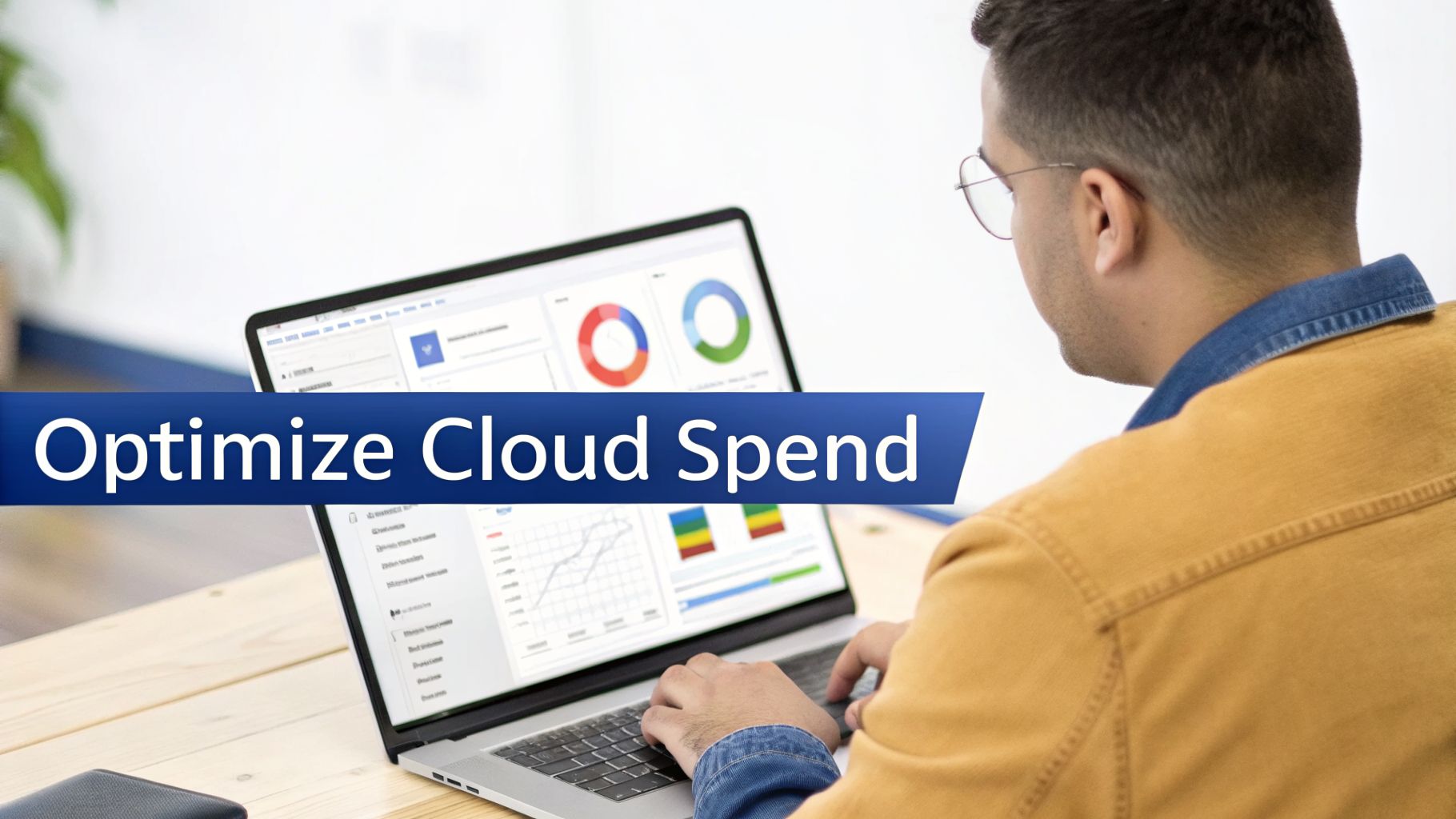 A man optimizes cloud spend on a laptop, viewing data visualizations and financial charts.