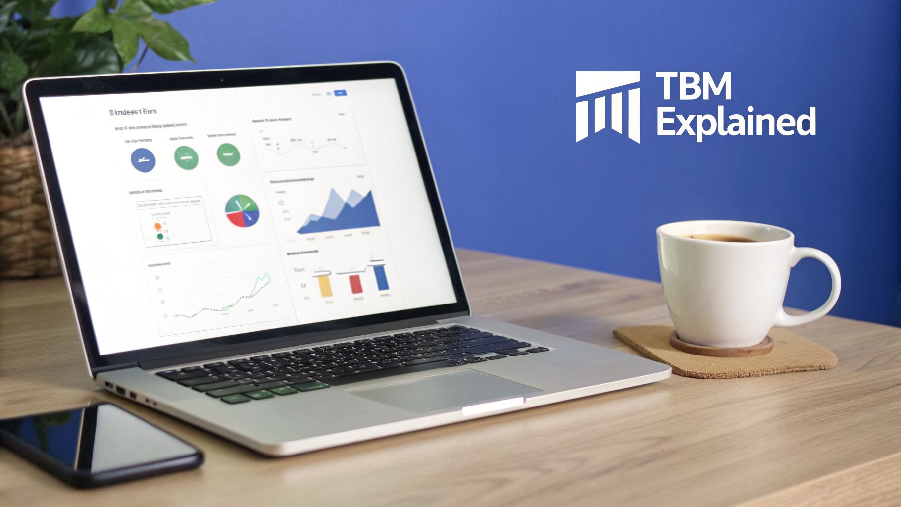 A laptop displaying a data analytics dashboard, a smartphone, and a coffee mug on a wooden desk.