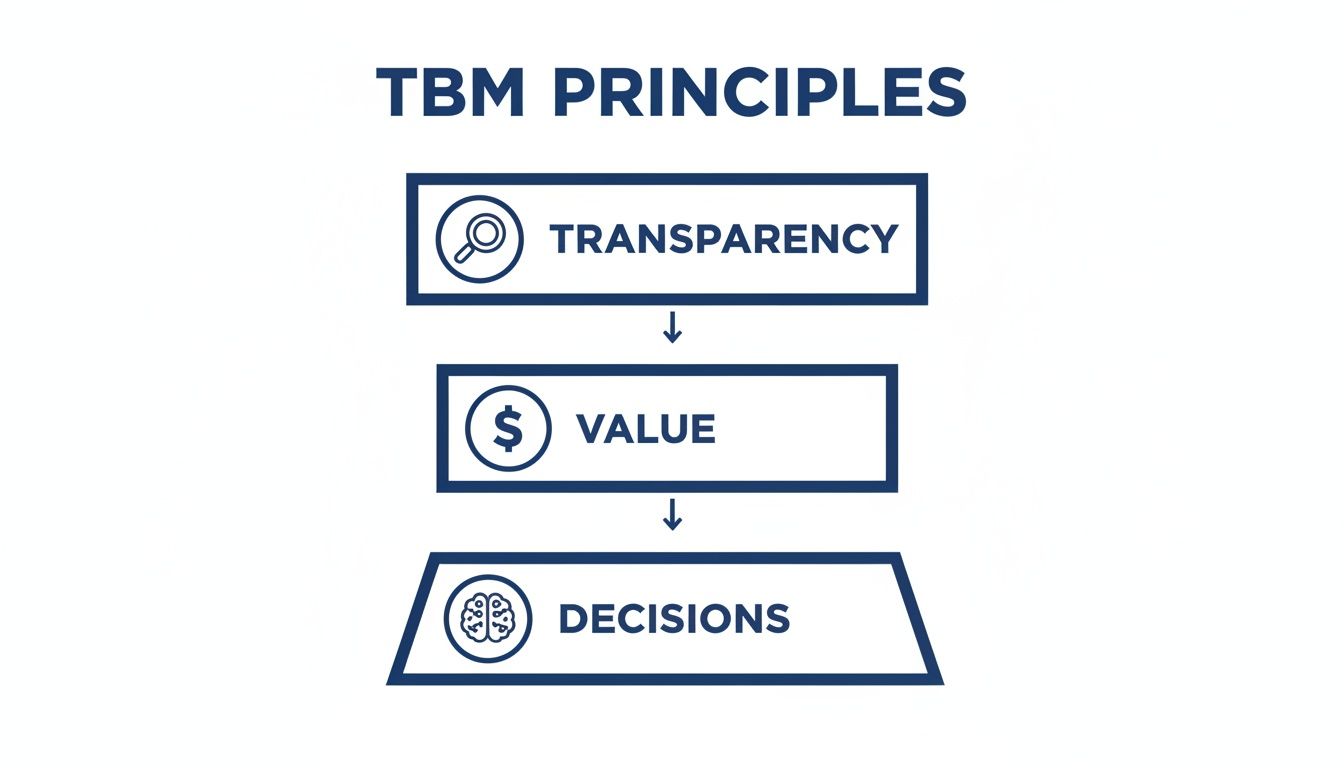 A flowchart illustrating TBM principles: Transparency leads to Value, which enables better Decisions.