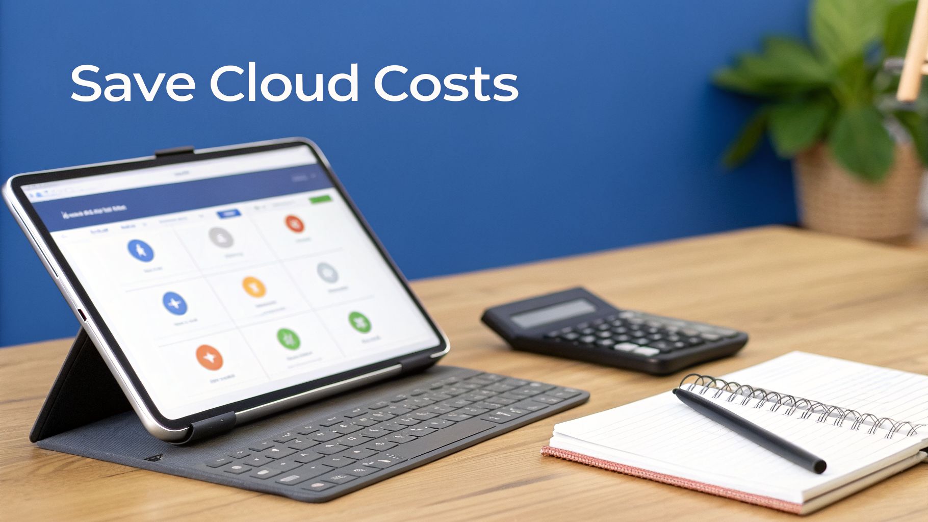 A tablet displaying a cloud management interface with a calculator, notebook, and pen on a wooden desk, emphasizing saving cloud costs.