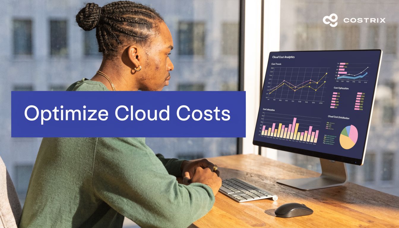 A person looking at a monitor displaying cloud cost analytics dashboards in a modern office space.