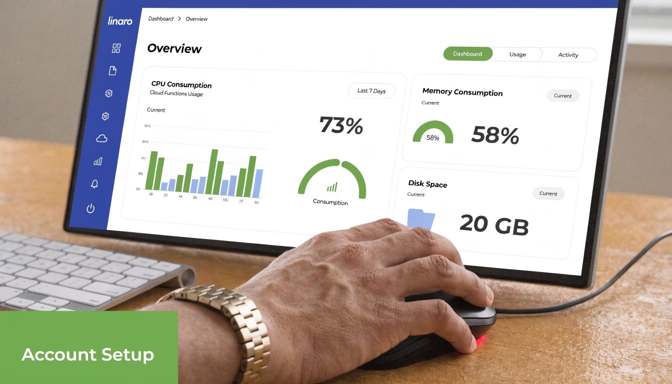 A person using a computer mouse in front of a laptop showing a cloud computing dashboard interface.