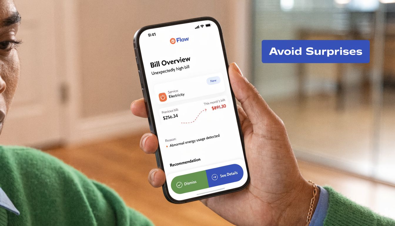 A person holding a smartphone displaying a mobile app notification about an unexpectedly high electricity bill.