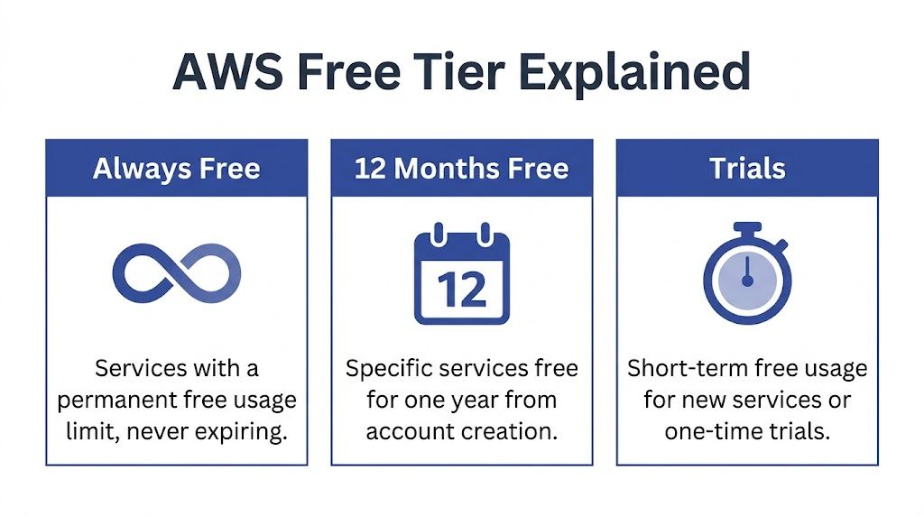 A diagram explaining the AWS free tier including always free, 12 months free, and trial service categories.