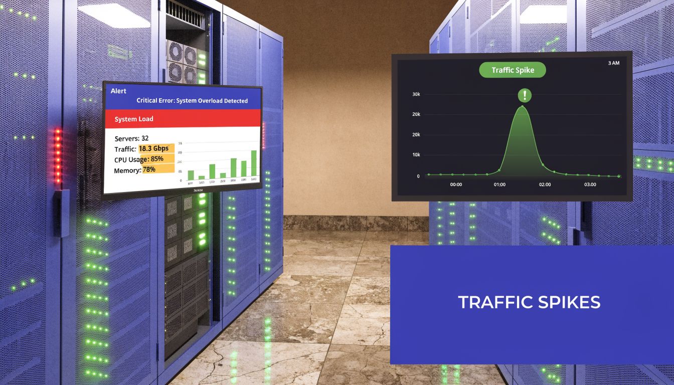 Data center server racks displaying critical system overload alerts and a live traffic spike analytics graph.