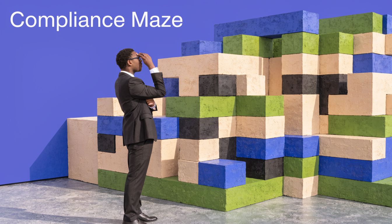 A professional man in a suit looking at a complex structure of colorful toy building blocks.