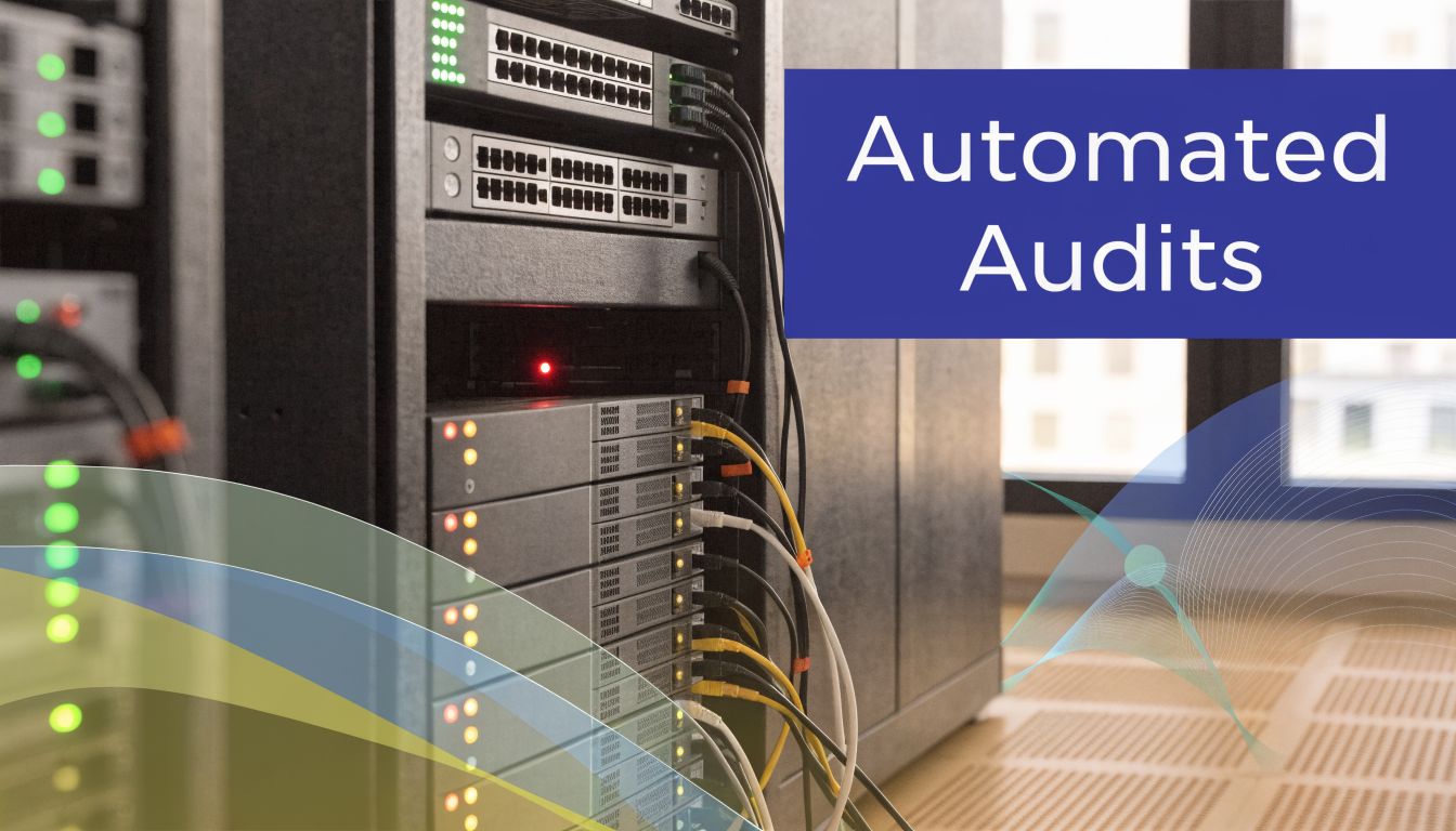 A data server rack featuring blinking status lights and connected networking cables for automated security auditing.