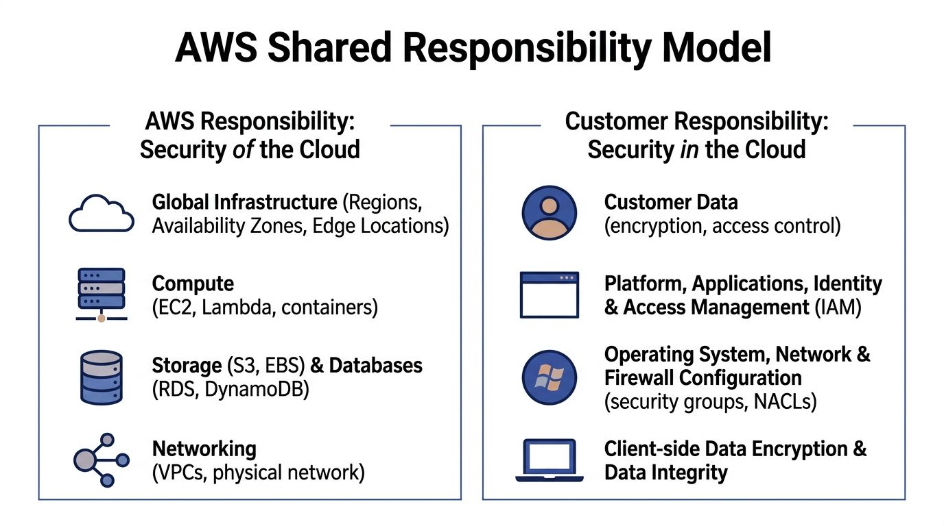 A diagram illustrating the AWS Shared Responsibility Model dividing security duties between AWS and the customer.