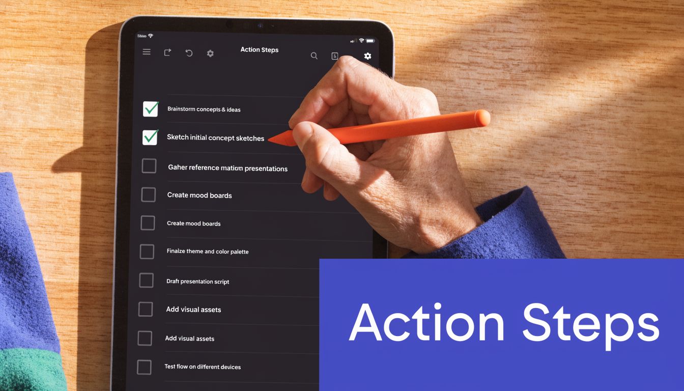 A person holding an orange stylus marking an action steps task list on a digital tablet screen.
