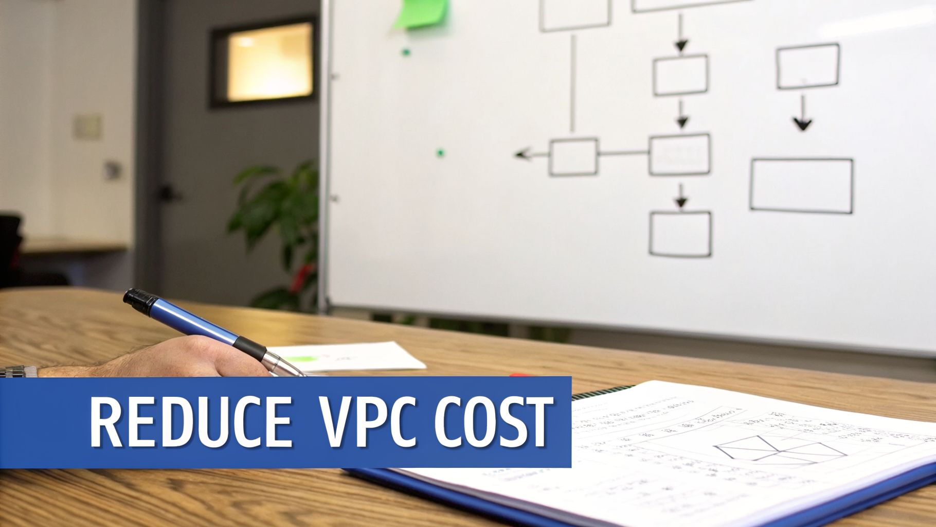 A person writing at a desk with a flowchart on a whiteboard and the text 'REDUCE VPC COST' overlay.