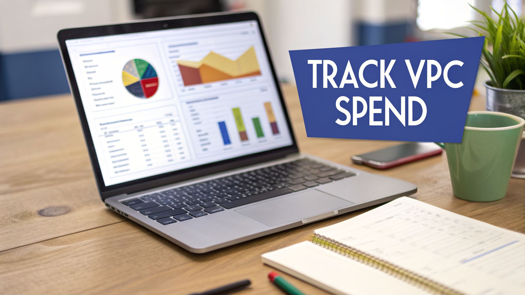 Laptop displaying financial charts and data, with a text overlay 'TRACK VPC SPEND' on a desk.