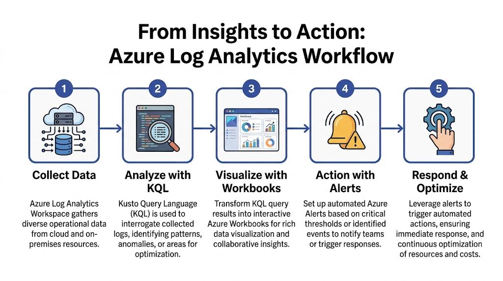 A five-step flowchart illustrating the Azure Log Analytics workflow from data collection to response and optimization.