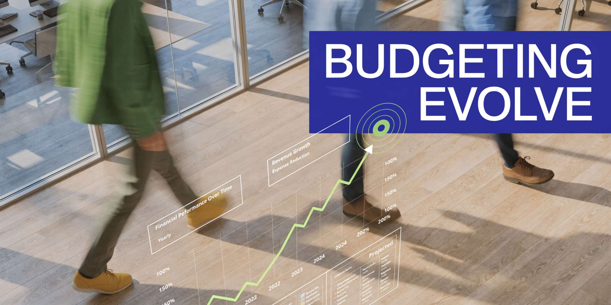 People walking through a modern office overlaid with a digital financial growth chart and budgeting text.