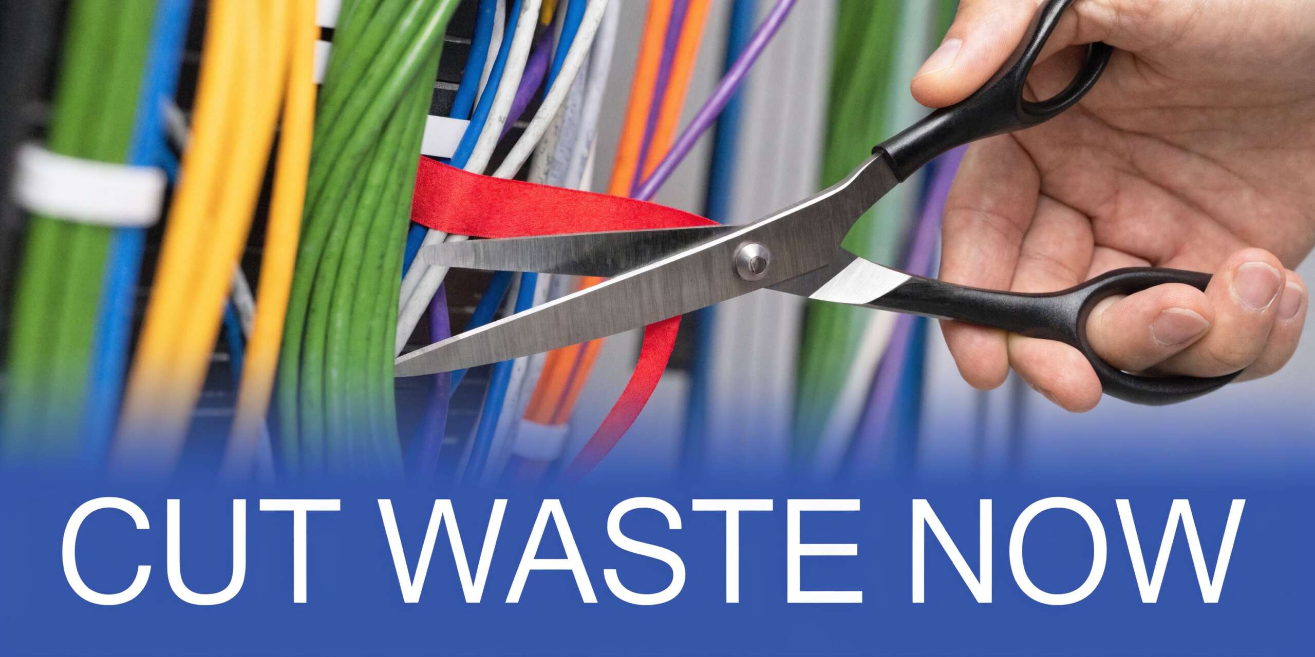 A hand using scissors to cut a red ribbon in front of various colored network cables.