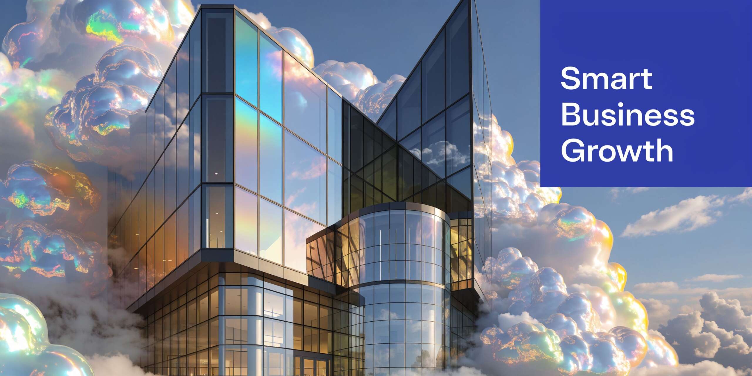 A modern glass office building surrounded by iridescent, cloud-like structures set against a clear blue sky.
