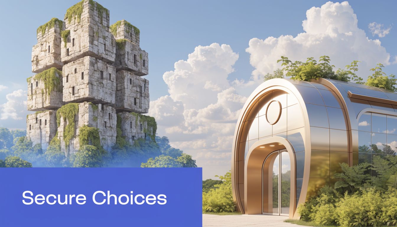 A digital illustration showing a futuristic stone block building contrasted with a modern golden metallic structure.