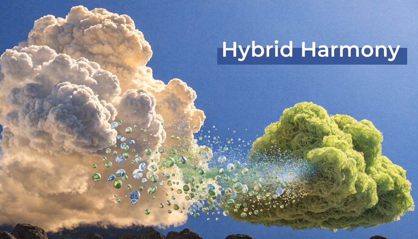 A digital art illustration representing hybrid cloud computing with blended clouds and floating spheres of data.