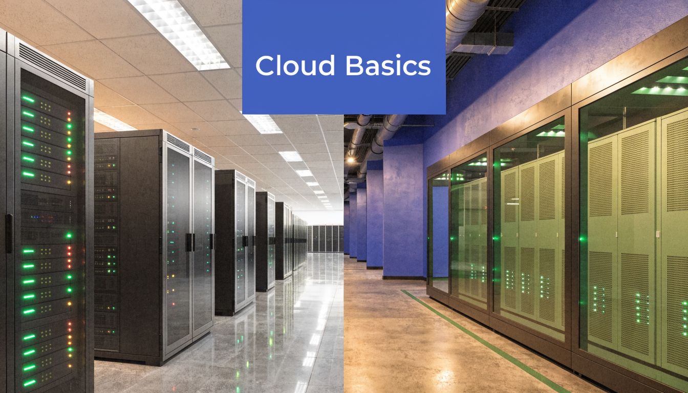 A data center with rows of server racks, highlighting concepts behind public and private cloud infrastructure.