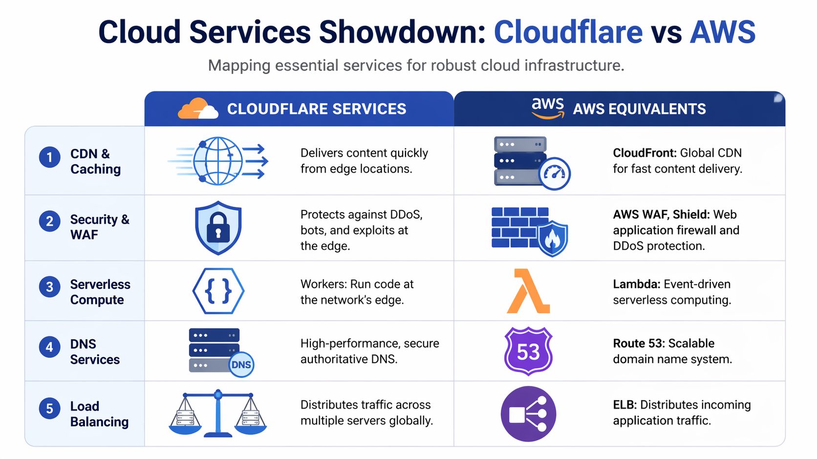 A comparison table showcasing the service equivalents between Cloudflare and AWS for cloud infrastructure.