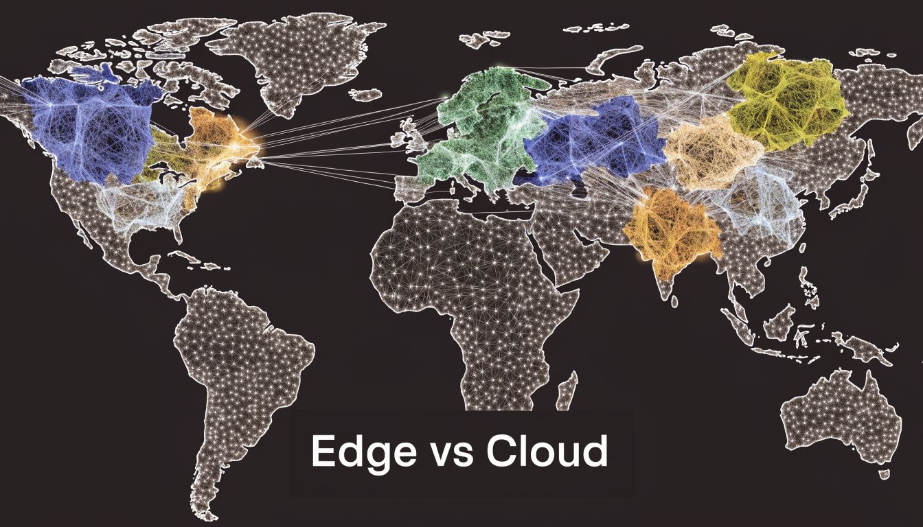 A digital map of the world highlighting interconnected networks demonstrating edge computing versus cloud infrastructure technology.