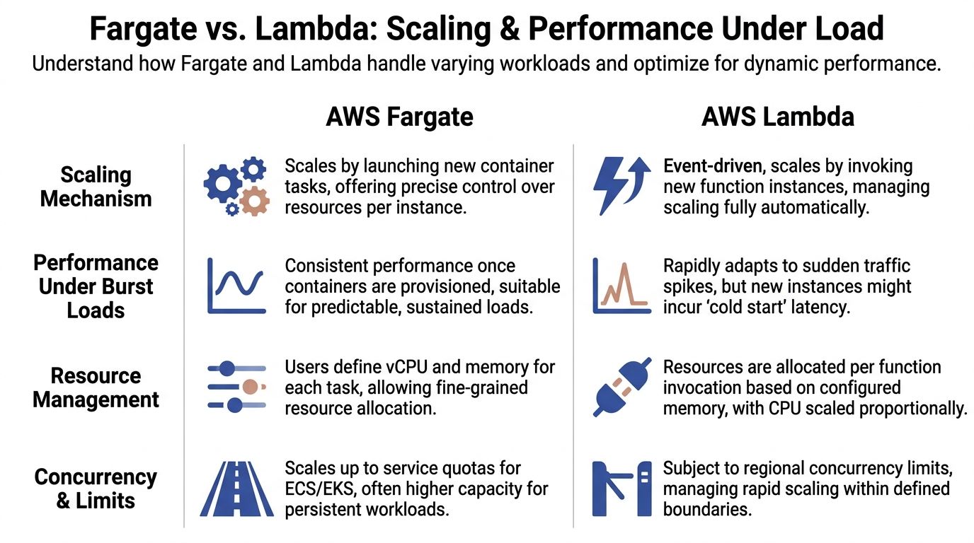 A comparison chart outlining the key differences between AWS Fargate and AWS Lambda regarding scaling and performance.