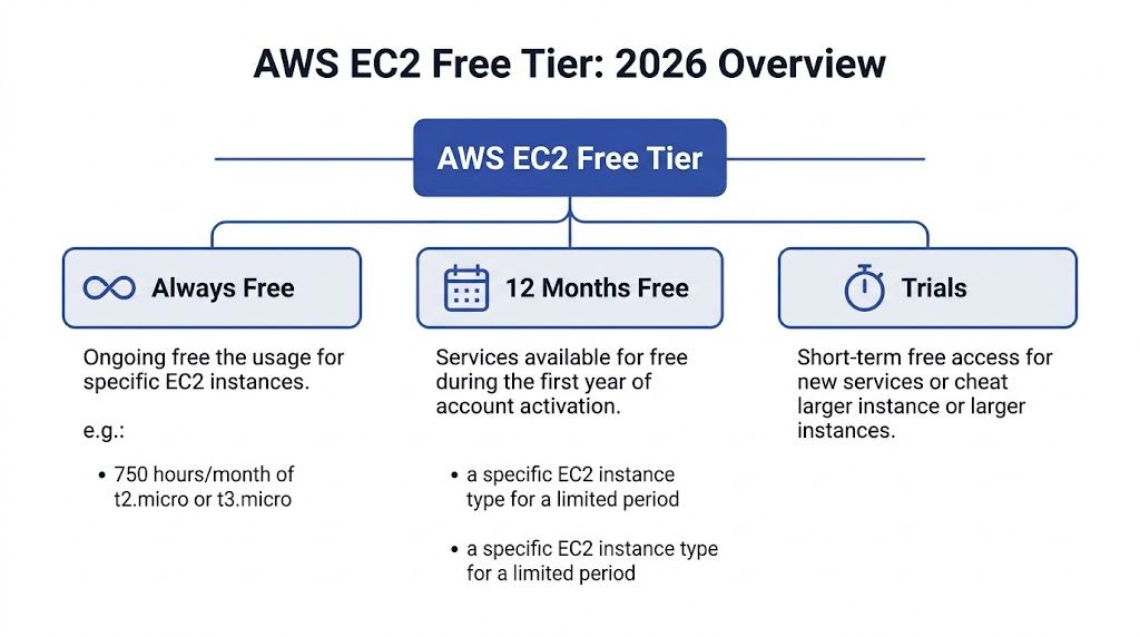 A diagram outlining the AWS EC2 free tier options including Always Free, 12 Months Free, and Trials.