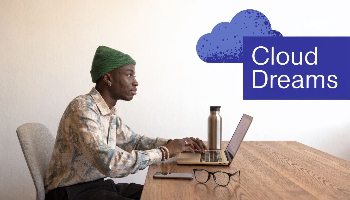 A young man wearing a green beanie working on a laptop at a wooden desk with a cloud graphic.