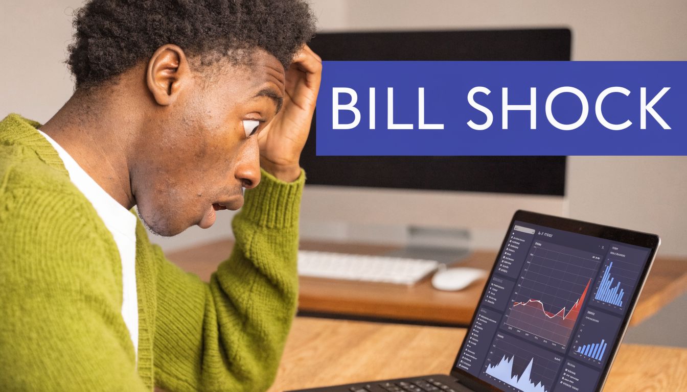 A man looking shocked at his laptop screen displaying financial charts, illustrating unexpected google bigquery costs.