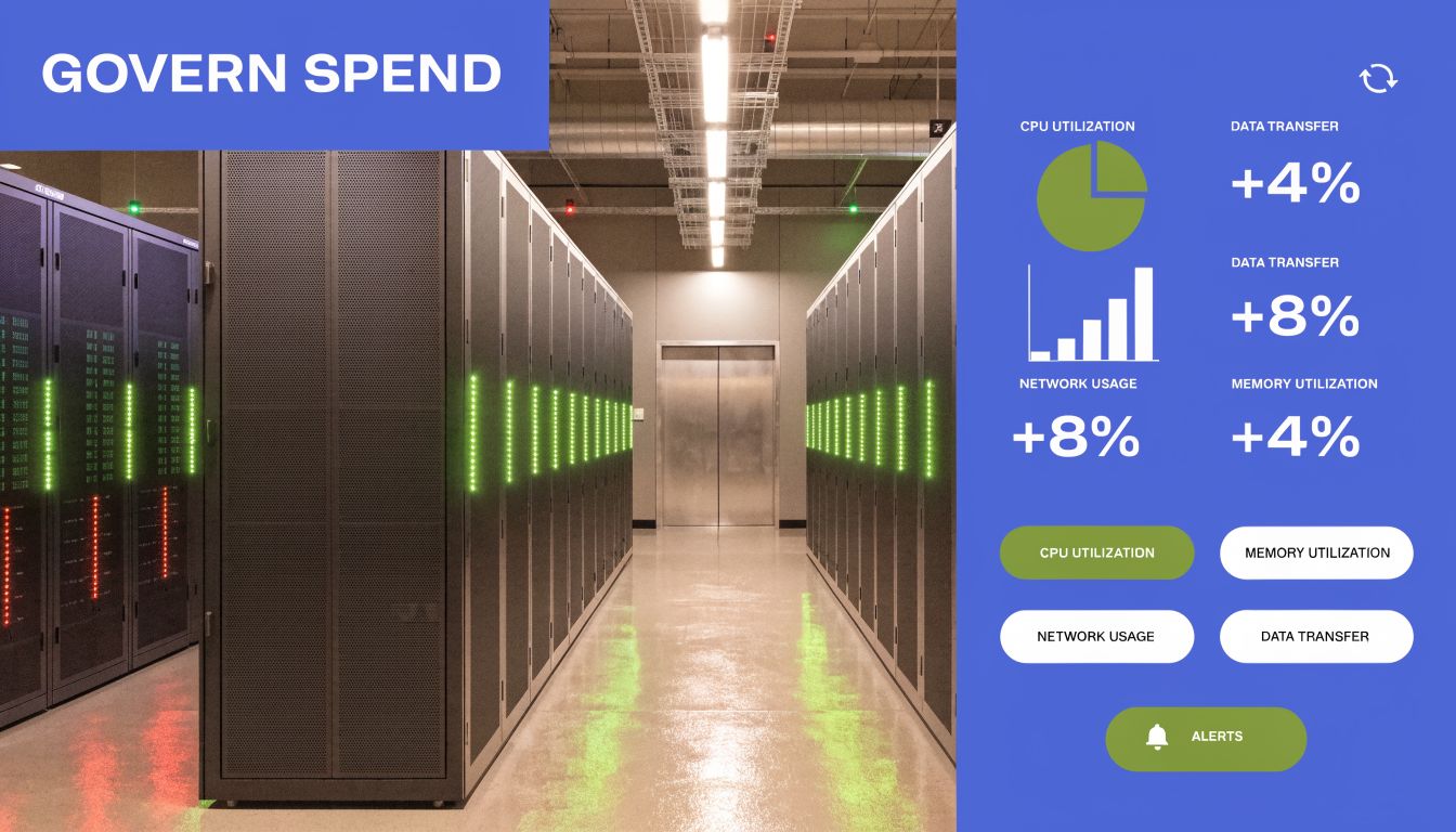 A server room dashboard displaying various cloud infrastructure performance metrics and data utilization statistics.