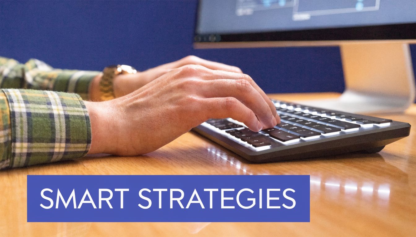 A close-up shot of a person wearing a plaid shirt typing on a modern computer keyboard.