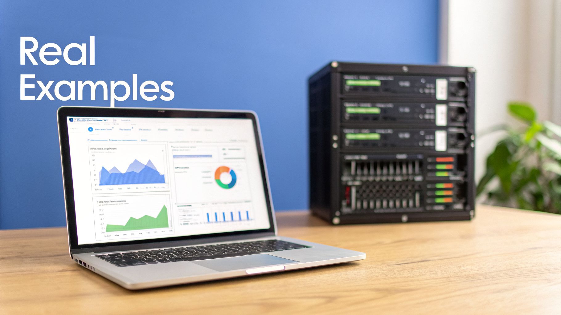 A laptop displaying data analytics dashboards with graphs and charts, positioned next to a server rack.