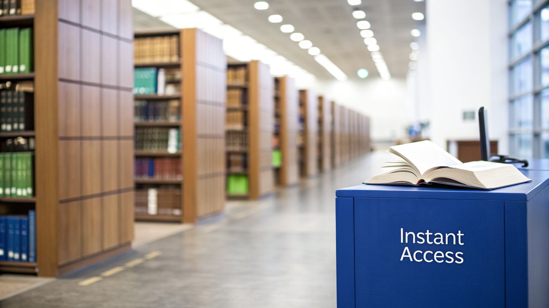 A library with long rows of bookshelves and an 'Instant Access' stand featuring an open book.