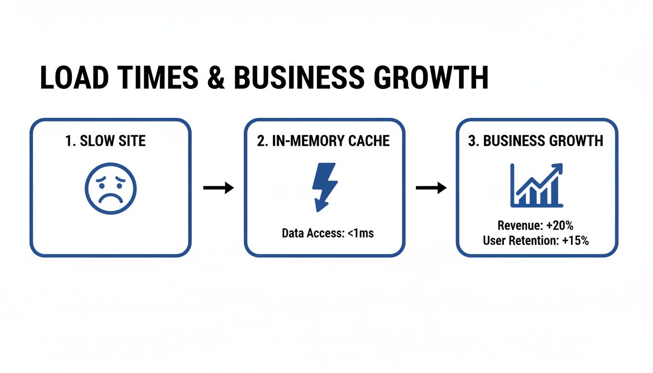 Flowchart detailing how an in-memory cache boosts revenue and user retention by speeding up slow sites.
