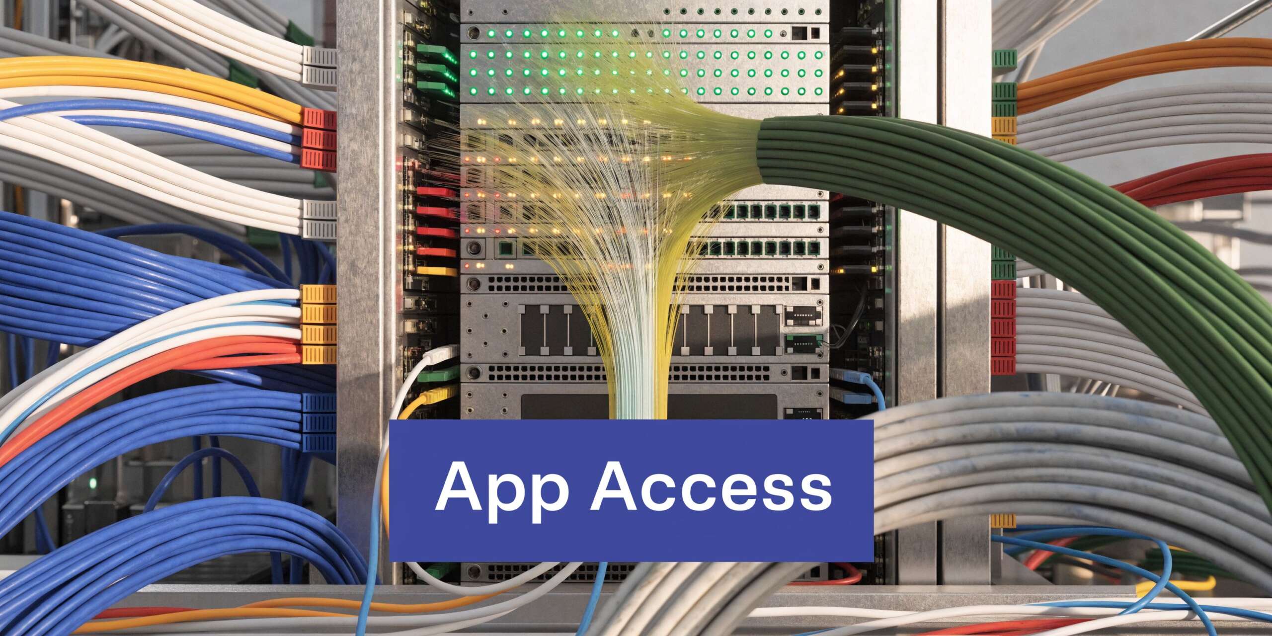 A close-up of a server rack with complex network cabling and glowing fiber optic connections for applications.