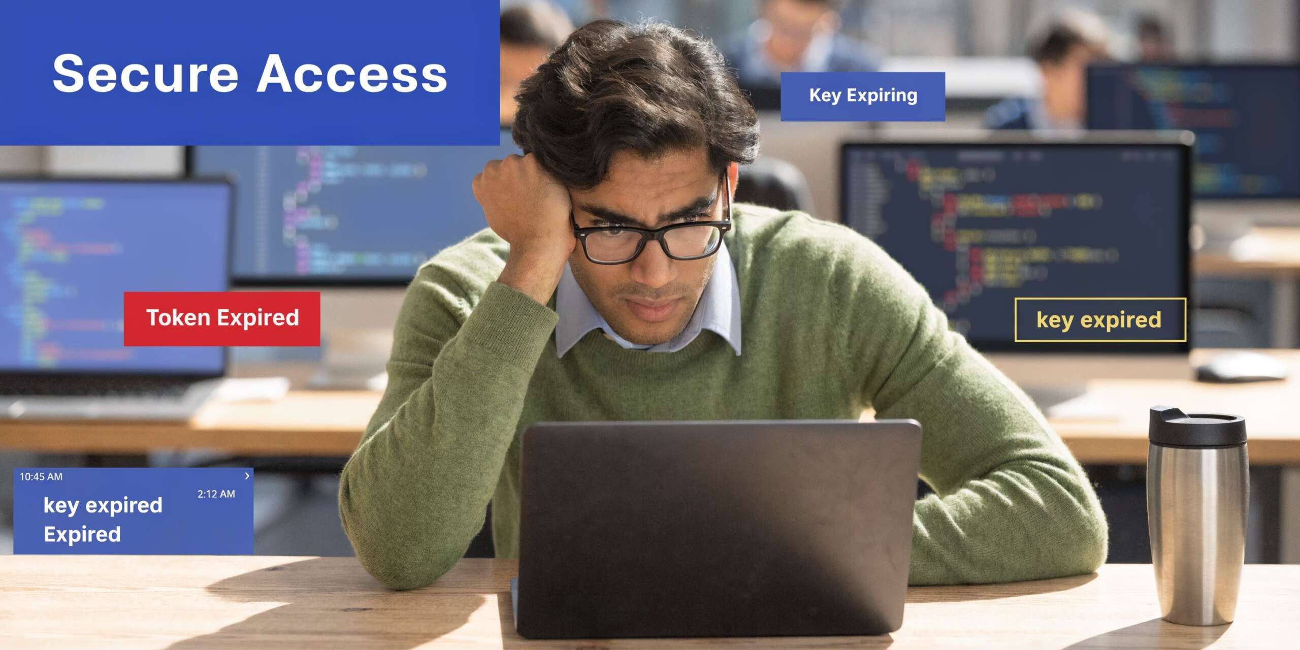 A frustrated software developer working on a laptop in an office with multiple monitors displaying code.