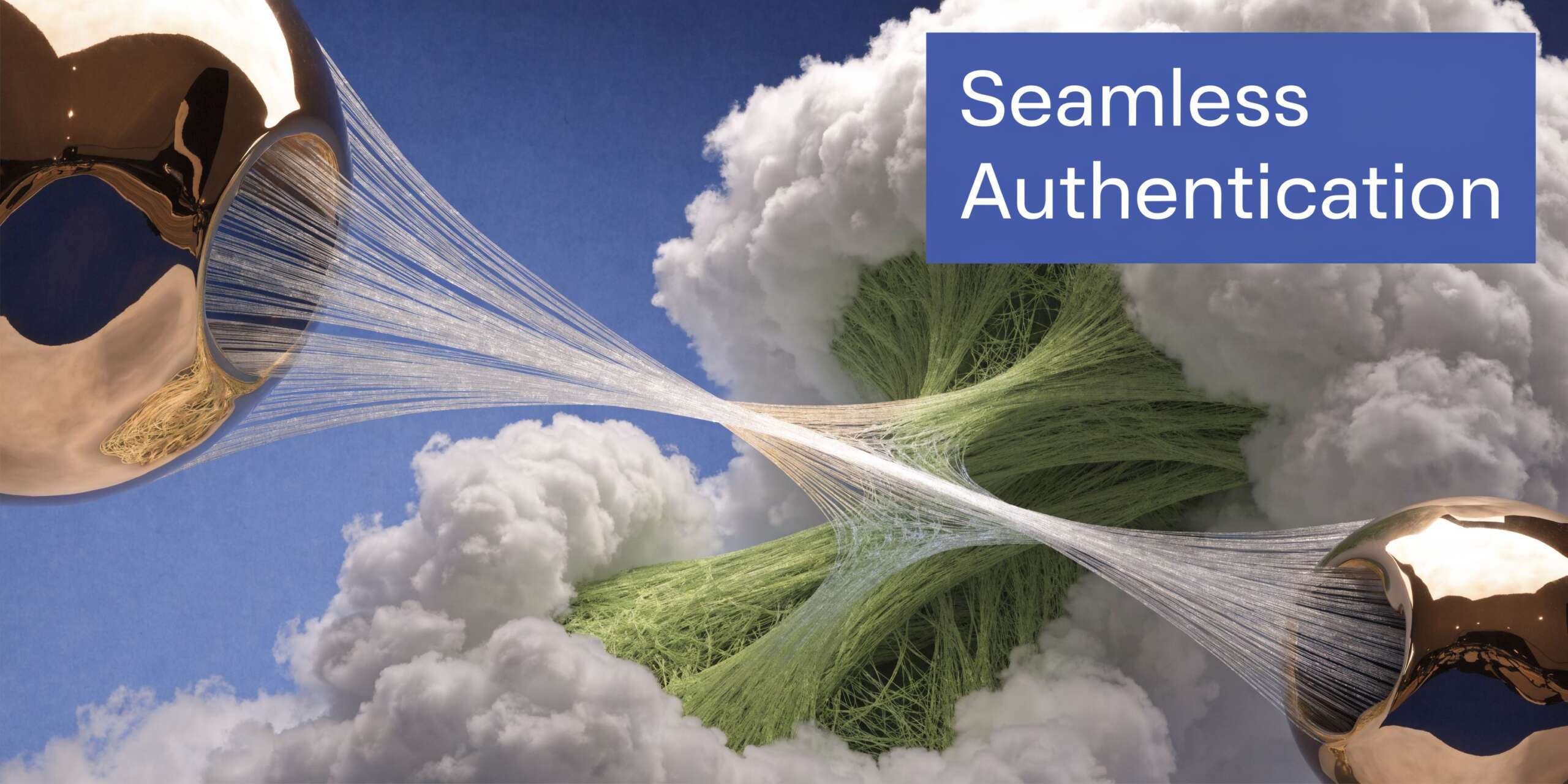 A conceptual abstract representation of data connections between two metallic spheres amidst clouds and greenery.