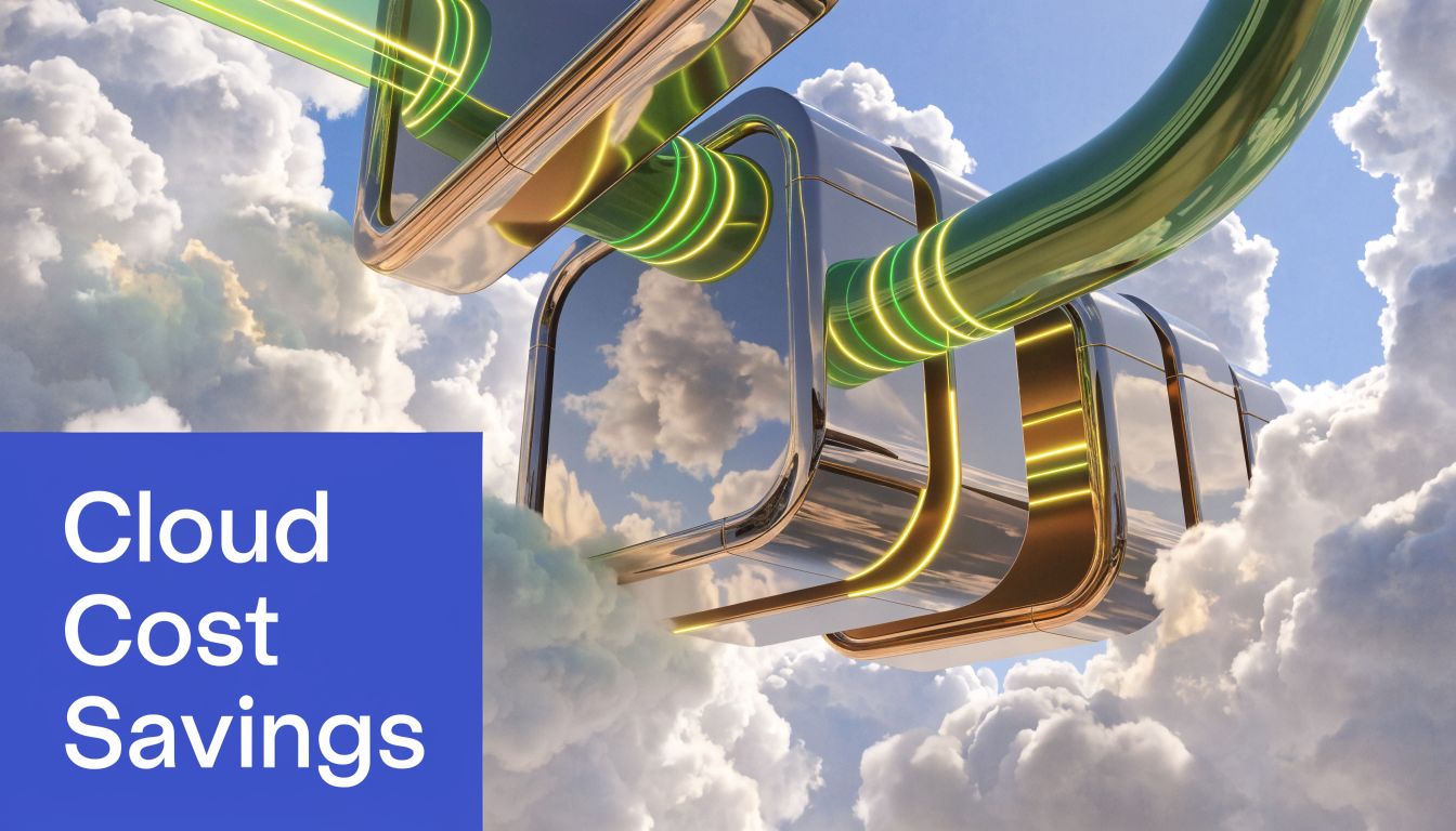 A digital representation of metallic cloud computing blocks connected by glowing data pipelines floating in clouds.