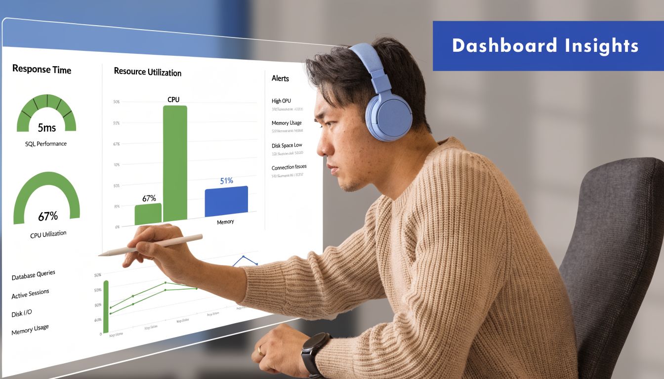 A professional analyzing live SQL server database performance metrics on a digital dashboard interface while wearing headphones.